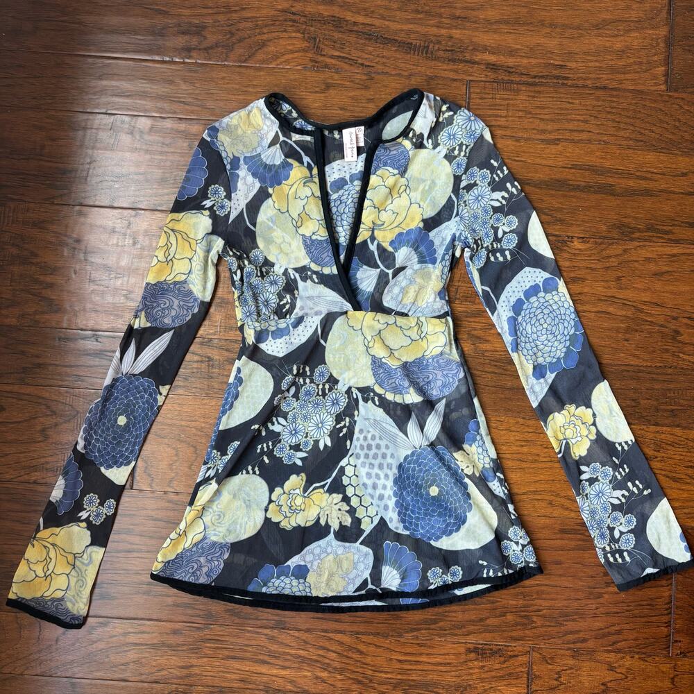 VTG Speed Control Women’s 90s Y2K Mesh Long Sleeve Babydoll Top Floral Sz M